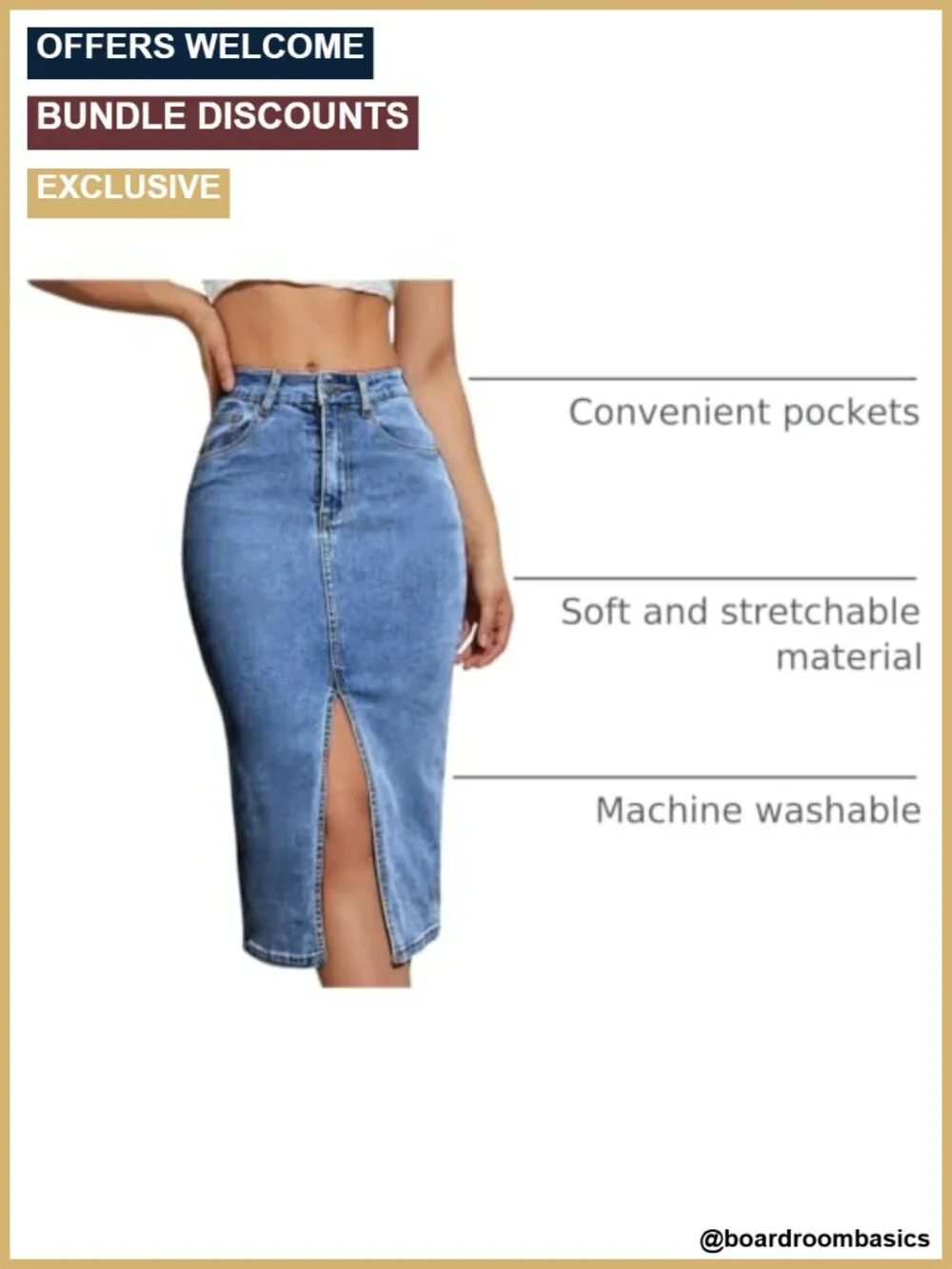 High Waist Midi Denim Pencil Skirt with Slit and Pockets
